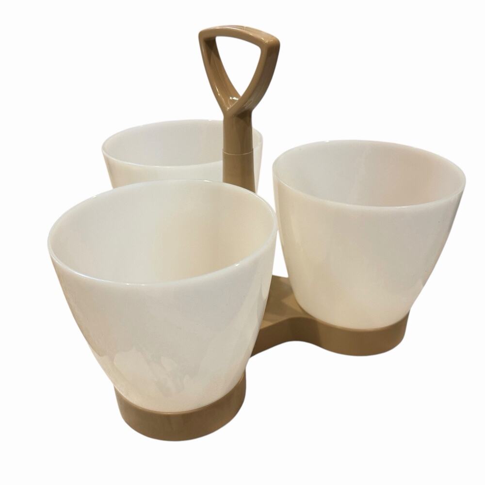 Tupperware Condiment Caddy Set 3 White Cups 758-6 & Tan Caddy 757-2 No Lids NOS